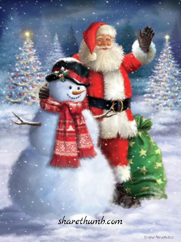 santa with the snow white gift and x-mas tree